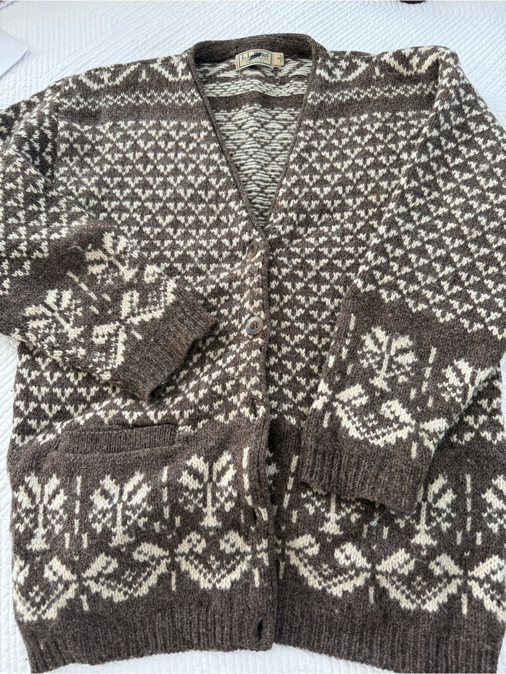 LL Bean Brown and Cream Patterned Wool Cardigan Sweater